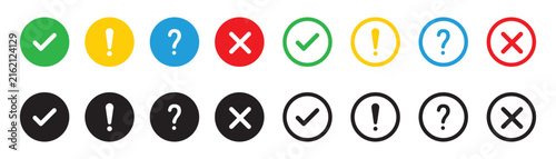 Right, wrong, tick, cross, checkmark, exclamation, question mark icons set vector illustration.