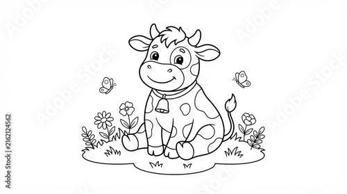 Cute cow coloring page for kids, cartoon calf sitting in a meadow with flowers, black and white outline illustration of a farm animal