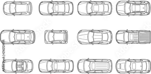 Black and white line art vector illustration of a set of cars viewed from top.