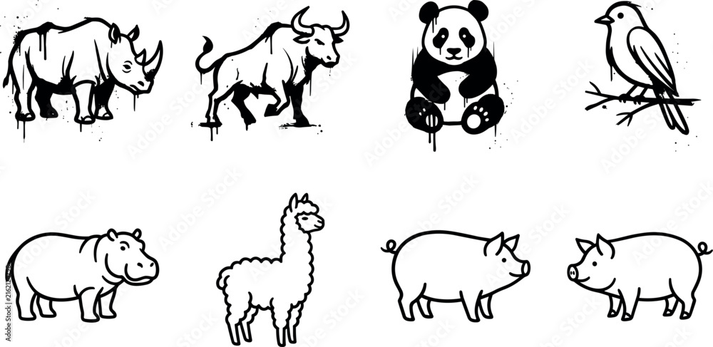 Naklejka premium Wild animals and farm livestock line art icons set mixed with black ink grunge graffiti paint drips isolated on white background