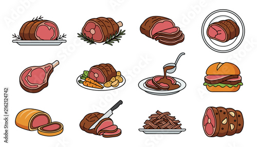 Gourmet roast beef dishes and cooked meat slices vector icon set