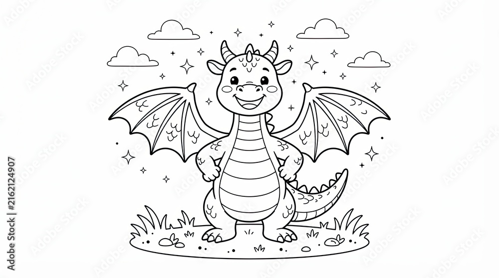 Naklejka premium Cute dragon coloring page for kids, friendly mythical creature line art, cartoon baby dragon with wings and stars, coloring book illustration
