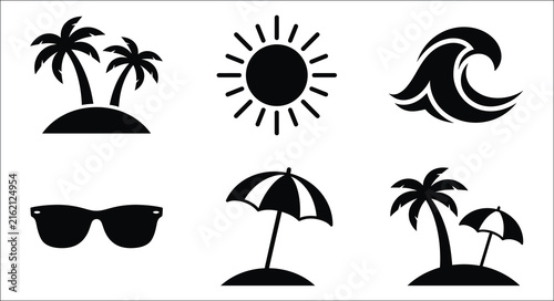 Tropical silhouettes depicting palm trees sun wave sunglasses parasol and island scene on white background