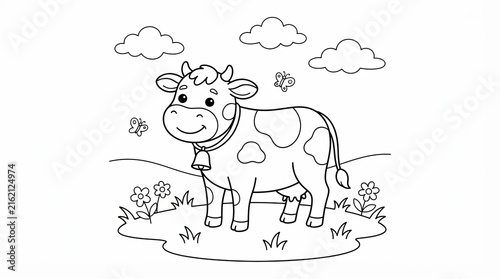 Cute cow coloring page for kids, cartoon farm animal line art, black and white cow illustration with flowers and clouds