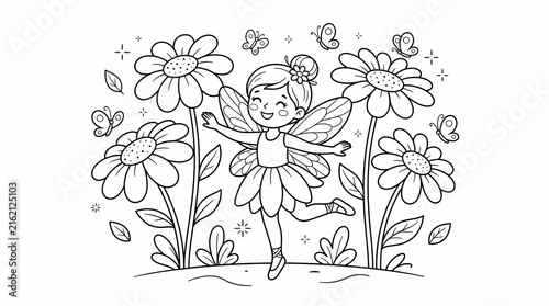 Whimsical fairy coloring page, cute garden elf with flowers and butterflies, black and white line art for kids activity book