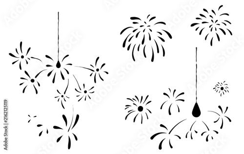 線香花火と花火のシルエットイラスト　祭り　暑中見舞い　夏