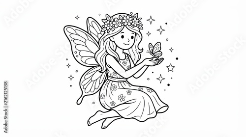 Whimsical fairy coloring page, cute forest elf with butterfly and stars, black and white line art for kids activity book