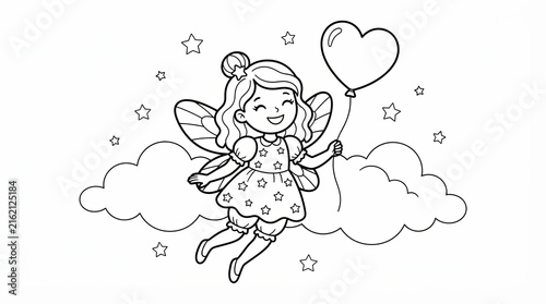 Cute fairy coloring page, little magical girl with heart balloon and stars, whimsical fantasy line art for kids activity books