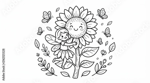 Coloring page of a cute fairy hugging a smiling sunflower, whimsical line art with butterflies and leaves, floral garden illustration for kids