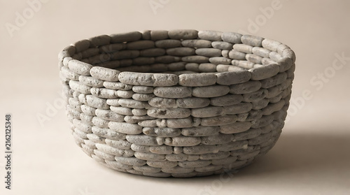 Handcrafted decorative bowl uniquely constructed from meticulously stacked smooth grey river pebbles and stones on a neutral beige background for modern home interior design.