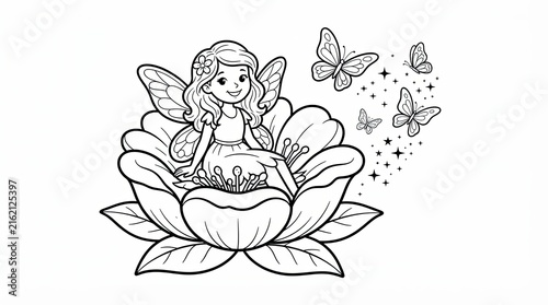 Whimsical fairy coloring page, cute garden pixie sitting on flower. Enchanted forest line art for kids activity book.