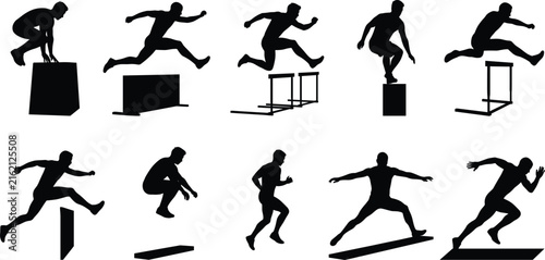 Bild auf Leinwand Set of athletic jump and hurdle silhouettes showing various dynamic sprinting, o