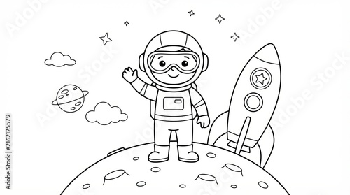 Astronaut coloring page for kids, cute space explorer line art with rocket ship, cosmic galaxy scene for preschool activity