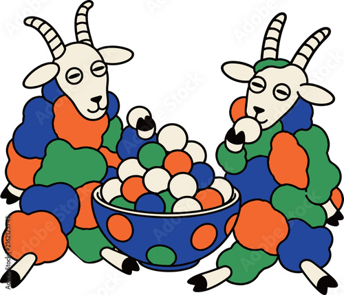 Two Colorful Goats Eating Dumplings