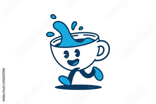 Cartoon coffee cup character running with blue liquid splashing out in a fun and dynamic line style