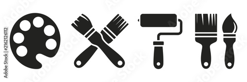 painting tools collection with color palette brushes and rollers for wall painting