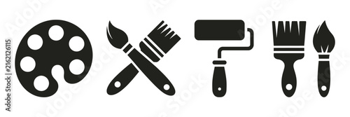painting tools collection with color palette brushes and rollers for wall painting