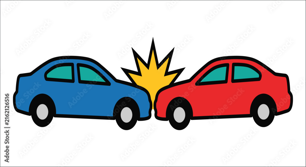 Fototapeta premium Two sedans colliding with impact burst depicted in a colorful vector illustration accident automobiles collision