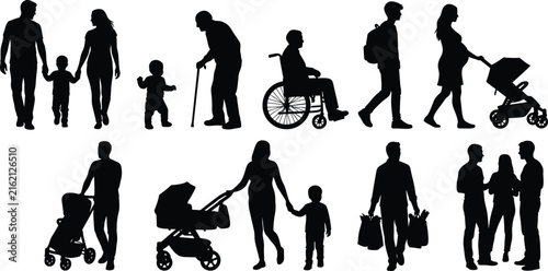 Set of black silhouettes of families, couples, and individuals in various generations and life stages.