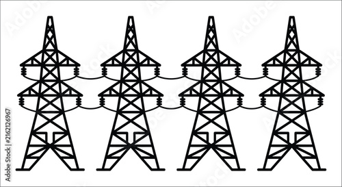 Four electrical transmission towers are depicted in a black and white vector illustration powerlines energy