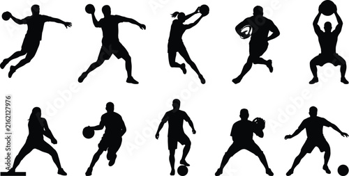 Set of team sports and ball game player silhouettes showing various dynamic athletic action poses