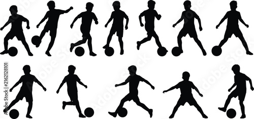 Soccer Player Silhouette Collection with Football Dribbling and Running Action Poses
