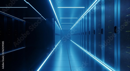 Futuristic data center corridor with neon blue lighting and sleek server racks