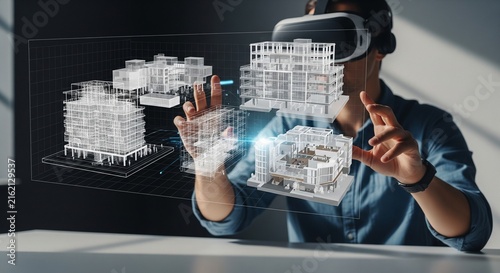 Architect in virtual reality designing futuristic buildings