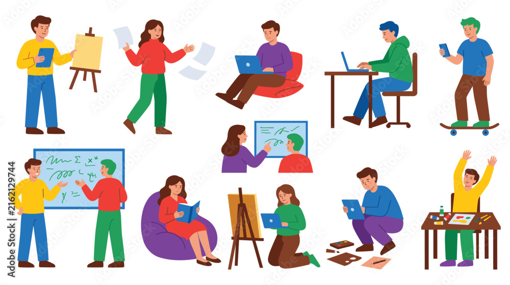 Fototapeta premium People characters learning and working with technology in various everyday school settings.