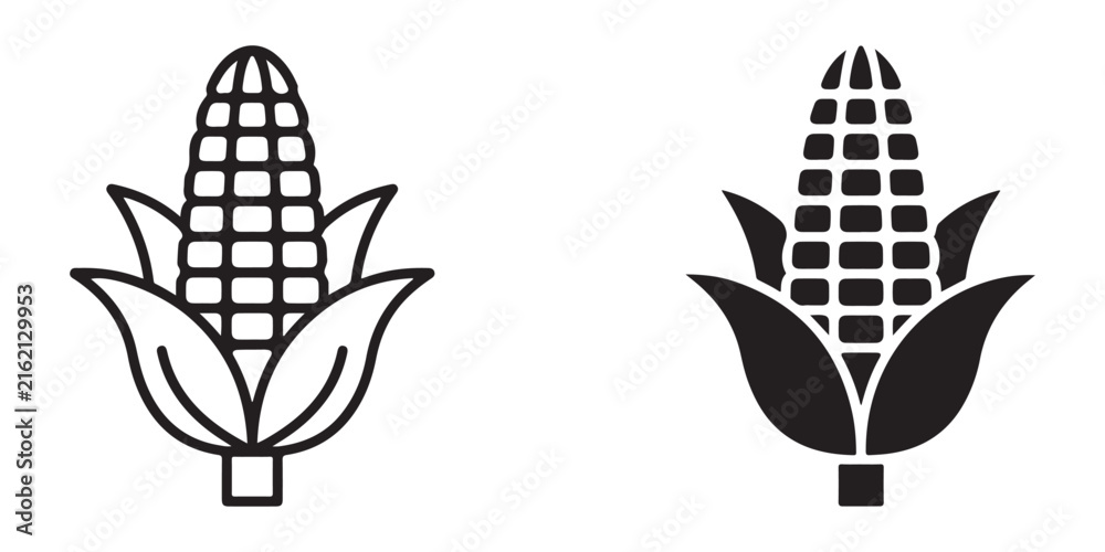 Naklejka premium corn cob illustrations with leaves and kernels shown in minimalist black and white vector design