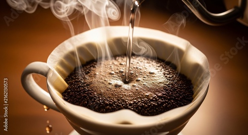 Steaming hot coffee being poured into a ceramic mug with rich aroma and cozy ambiance