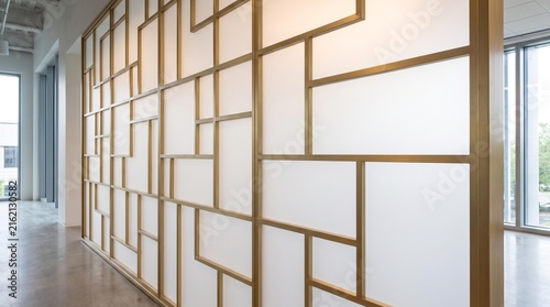 Modern interior partition wall with geometric grid design in a bright office space