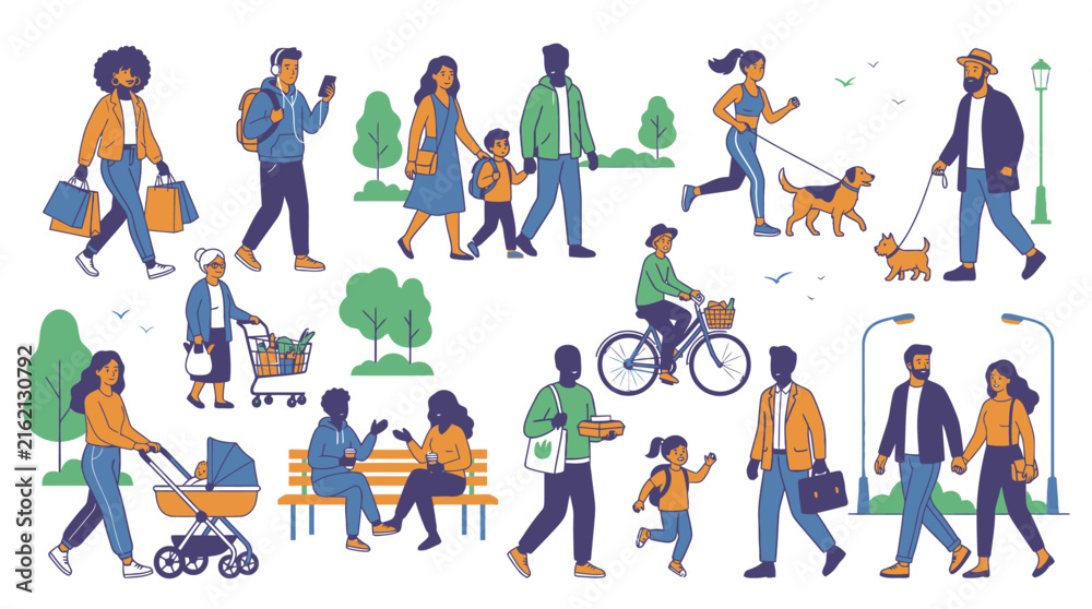 Fototapeta premium Group of diverse people walking in the city park with shopping bags dog strollers and bicycles in vector illustration