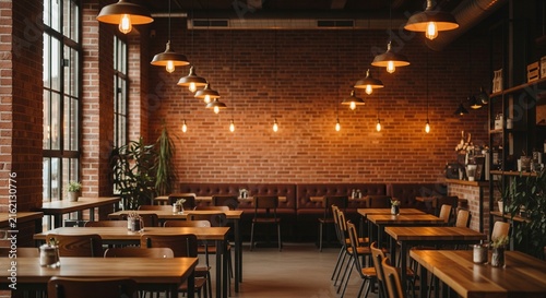 Warmly lit modern restaurant interior with wooden tables and hanging pendant lights