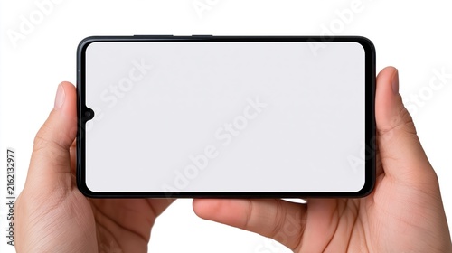 Close up hands holding modern smartphone with empty white display screen mockup isolated on white background