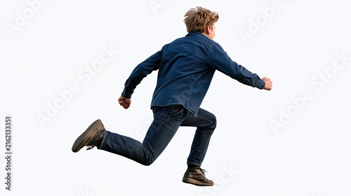 Young athletic man in blue shirt running forward against white background isolated view
