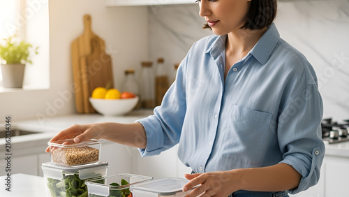 Young Woman Preparing Healthy Meals In Plastic Containers