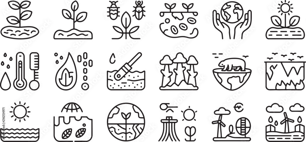 Fototapeta premium Plant Growth Icons Set, Depicting Various Stages of Plant Development, Soil, Water, and Weather Elements