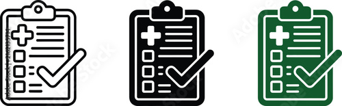 Medical clipboard checklist icons of patient health records in black outline and green