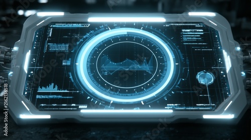 Futuristic user interface with glowing data display, graphs, and high-tech elements for sci-fi, technology, and innovation concepts in digital media