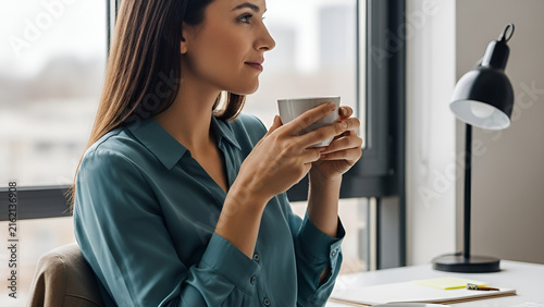 Young Woman Enjoying Coffee Break at Home Office