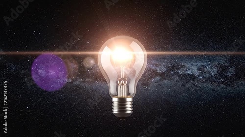 Bright light bulb floating in deep starry space.