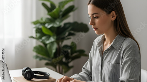 Focused Woman Working on Laptop with Headphones