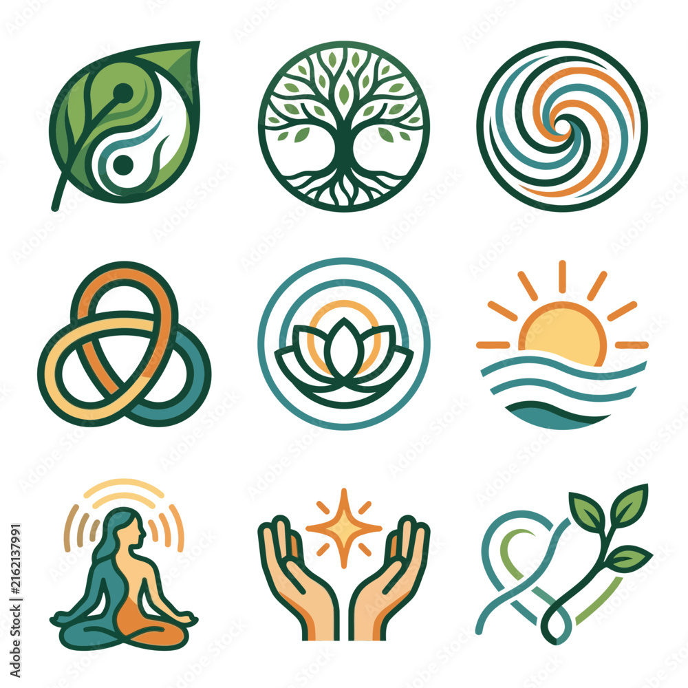 Obraz premium This diverse grid displays nine colorful line icons, including a yin-yang leaf, tree of life, and meditating figure, representing spirituality, wellness, and natural balance.