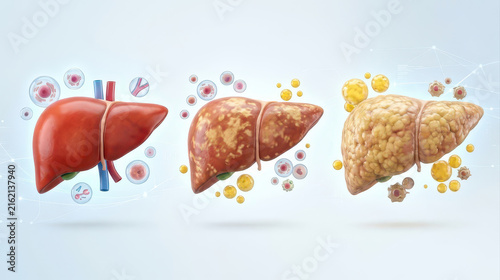 Illustration of fatty liver progression from healthy tissue to advanced liver disease with cellular changes and floating medical symbols