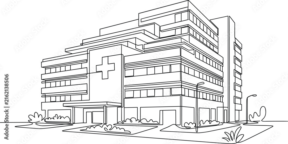 Fototapeta premium Modern multi story hospital building facade with medical cross sign drawing in single continuous line art vector style
