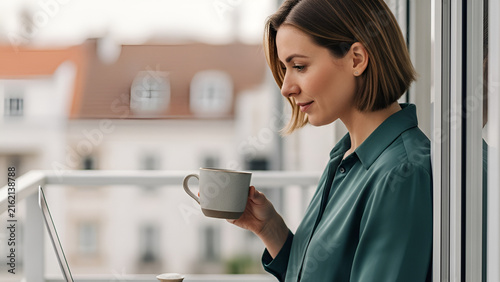 Young Woman Enjoying Morning Coffee on Balcony