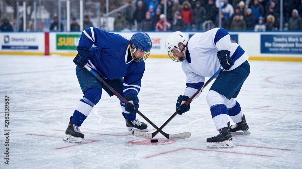 Fototapeta premium Ice Hockey Faceoff Action on Frozen Rink