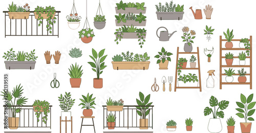 Balcony Garden and Home Plants Icon Set with Potted Flowers, Vertical Gardening Shelves, Hanging Planters, and Urban Eco Planting Tools Vector