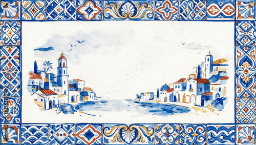 Watercolor coastal town framed by intricate blue and white tile patterns. Cobblestone streets wind between terracotta rooftops and white-washed walls. Birds soar above calm waters reflecting sky